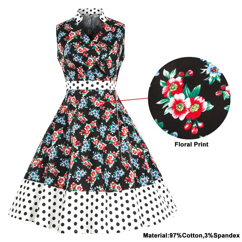 Tonval retro Rockabilly Blumen- drucken Frauen Kleid verrotten Kontrast Hohe Taille EINE Linie Skater Kleider Jahrgang Midi- Polka Punkt Kleid