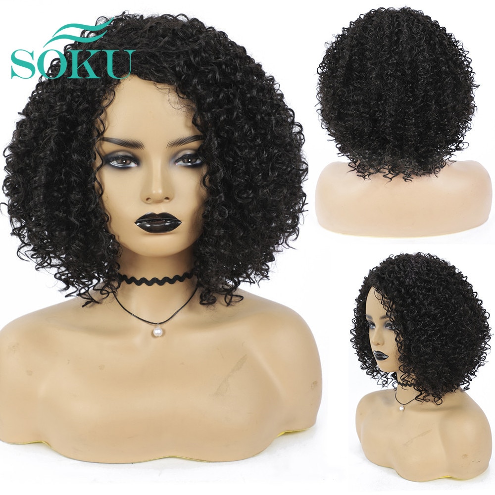 Bob Curly Synthetic Lace Front Wigs For Black Woman 12inch 16inch Natural Color SOKU Heat Resistant Fibre Wigs Afro Hairstyle
