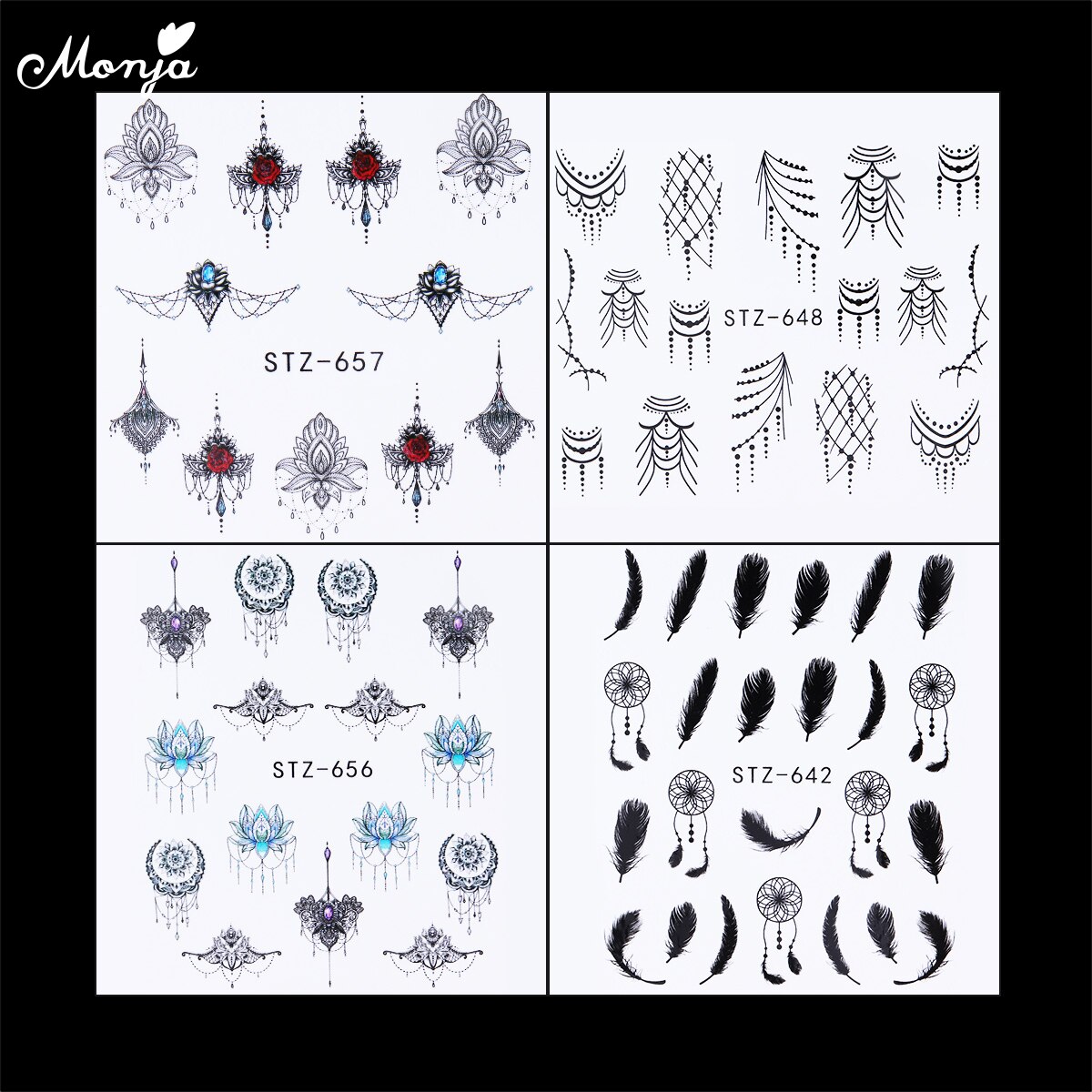 Monja 24 Pcs Nail Art Black Dream Catcher Bloem Afbeelding Gemengde Stijl Water Transfer Stickers Watermerk Decals Tips Diy Decoraties