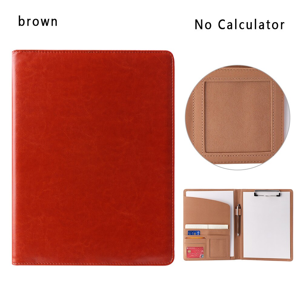 A4 PU Leather File Folder With Calculator Multi-function Business Document Pads Manager Portfolio Office Supplies: No calculator brown