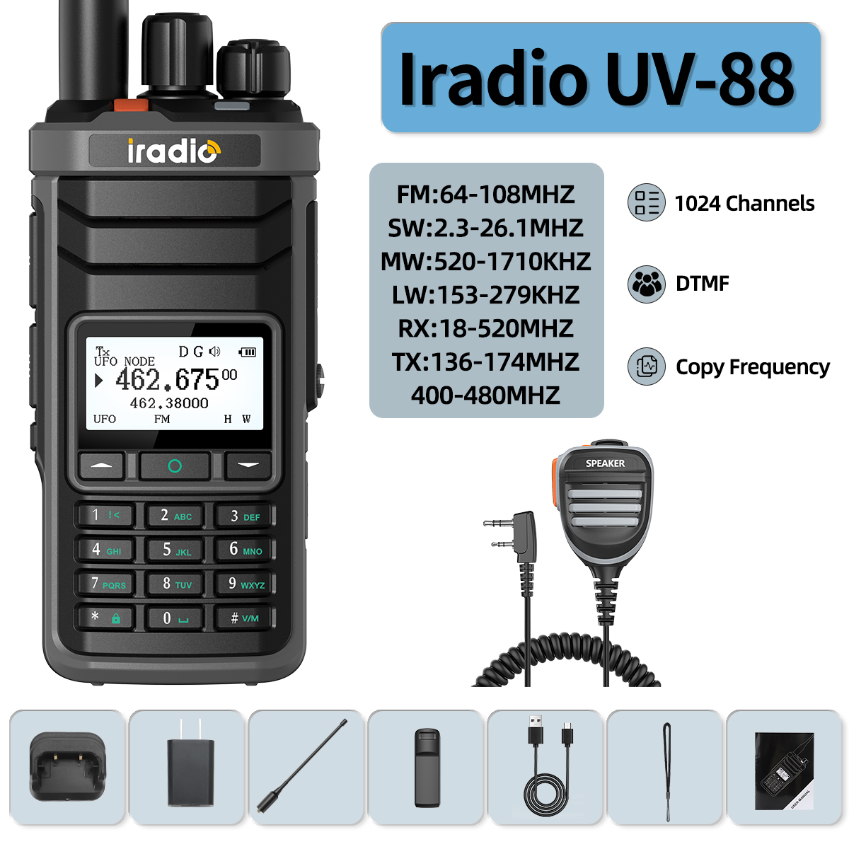 Iradio UV-88 Walkie Talkie Shortwave Radio Multi Band HF CB SSB AM Type-C DTMF LSB CW LW MW SW 1024 Channels: Yellow / EU