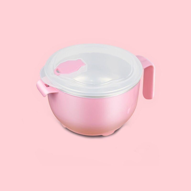 304 Rvs Noodle Kom met Handvat Deksel Lunchbox Rijst Soep Instant Voedsel Container huishoudelijke gebruiksvoorwerp Bento Box 1PC: only bowl pink / 1200ml