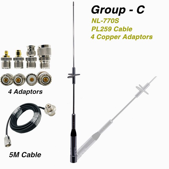 1 set Nagoya NL-770S Walkie Talkie Antenna + 5M Coaxial Cable + Four Fine Copper Connector Adapter + Stainless Steel Clip Mount: Group C