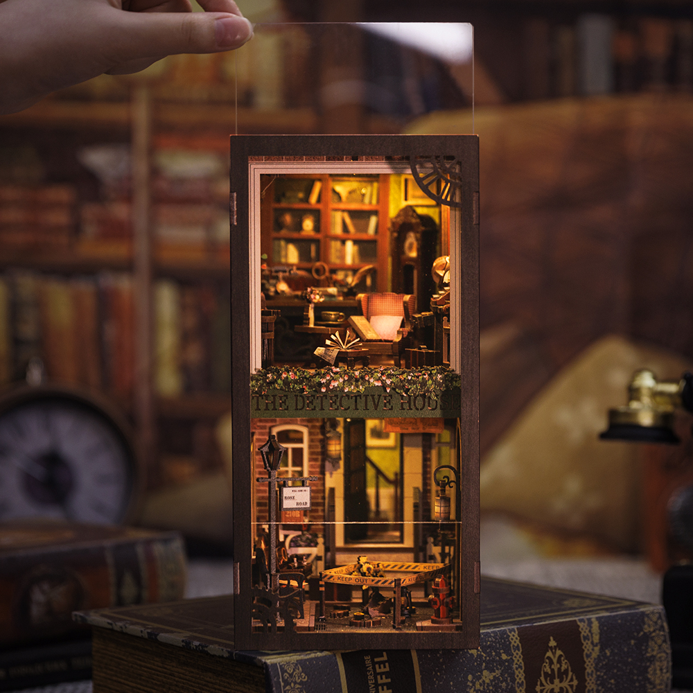 CUTEBEE Book Nook 3D Puzzle Miniature Doll House Kit With Touch Light Dust Cover DIY Booknook Toy Rose Detective Agency