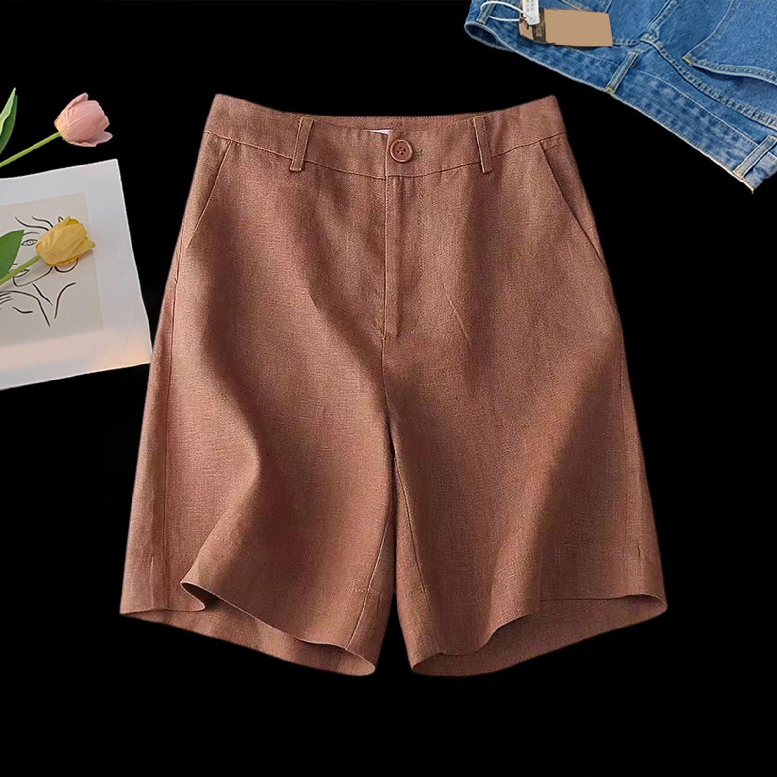 Short pas cher pour femmes harajuku été coton lin taille haute pantalon à jambes larges couleur unie dames pantalon directe