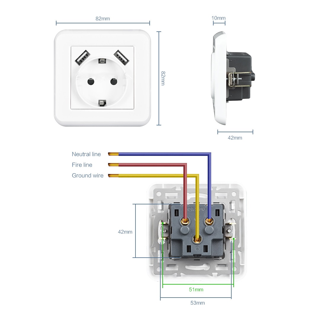 Usb Stopcontact Plug Power Outlet 16A Inbouw Eu Vierkante Schuko 2.1A Voor Smartphone Tablet MP3 Kantoor Keuken