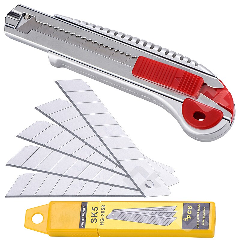 Retractable Utility Knife Extra 5Pcs Blades Box Cutter Self Loading Heavy Duty Snap Off Quick Change TPR+PP Handle Cutting: THKNS-001