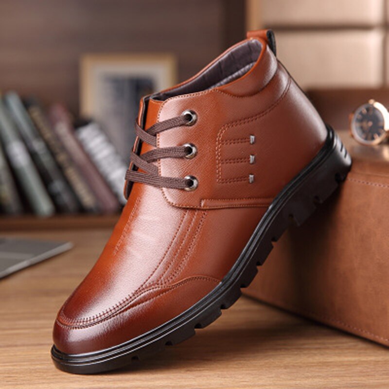 2021 inverno homem quente forrado sapatos negócio confortável não deslizamento tornozelo botas casual cor sólida laço básico de salto baixo masculino footwears: brown / 38