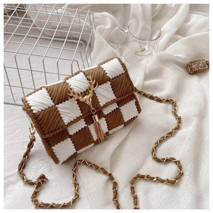 DIY Handcraft Shoulder Bag Making Materials Package Weaving Bag Grid Handmade Supplies Woman Bag Selfmade Sewing Accessories: Brown