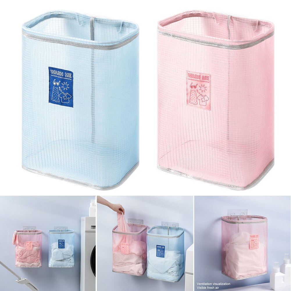 Dirty Clothes Folding Punch Free Wall Hanging Strong Bearing Home Storage Basket Laundry Hamper Organizer Mesh Bathroom Sundries