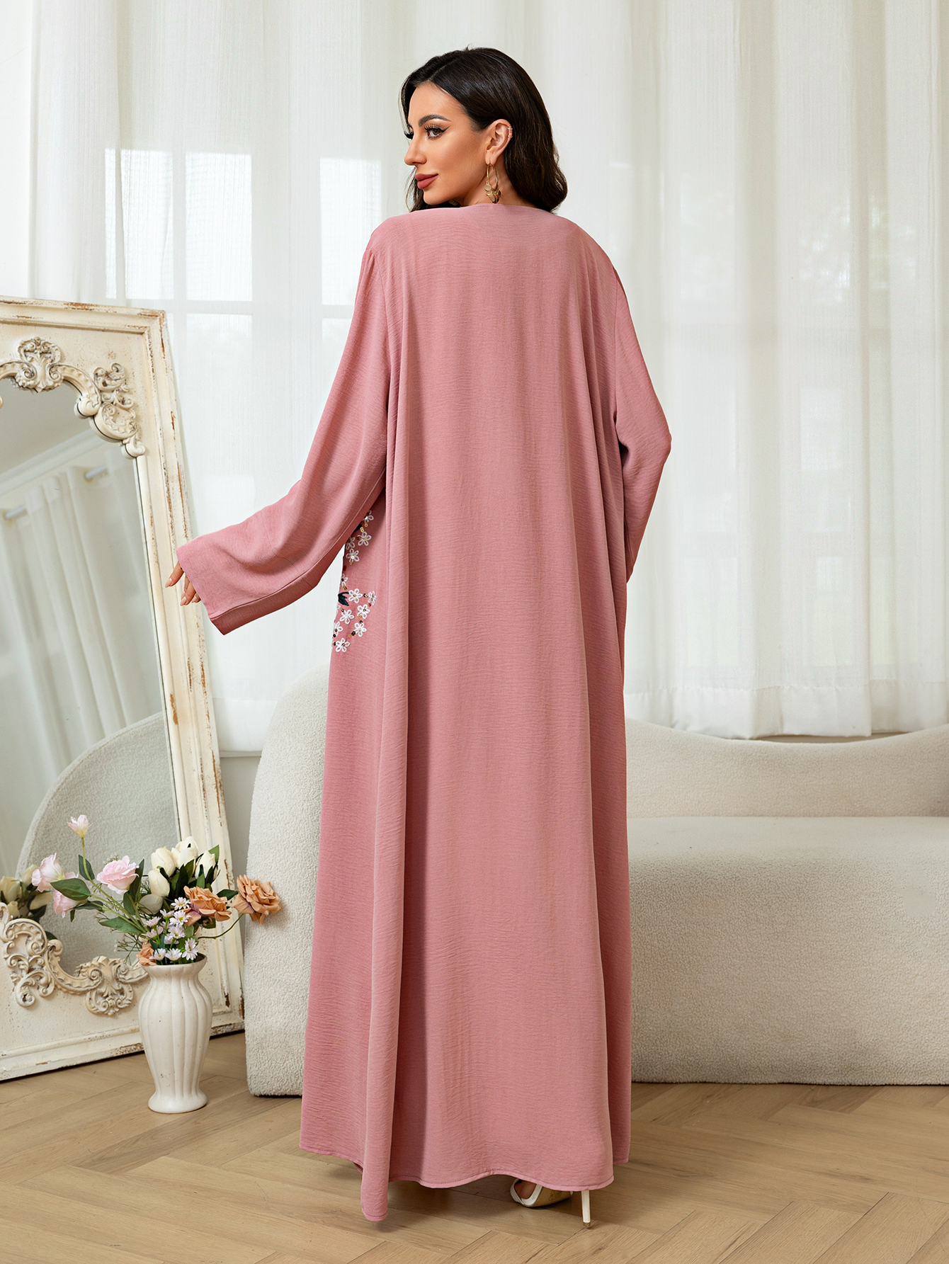 Roze geborduurd lang gewaad dames bescheiden islamitische jurk Abaya Kaftan uitloper lange mouw losse Arabische moslim Dubai Marokkaanse