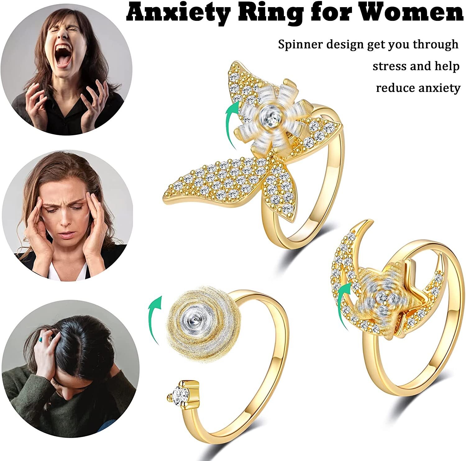 Vrij Draaien Vlinder Ringen Voor Vrouwen Zirkoon Crystal Spinner Fidget Ring Anti Stress Angst Ringen Vintage Sieraden Bague