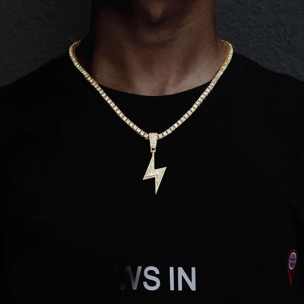 Hip Hop Lightning Pendant Necklace Gold Tennis Chain Iced Out Rhinestone Necklaces for Women Men collares de moda