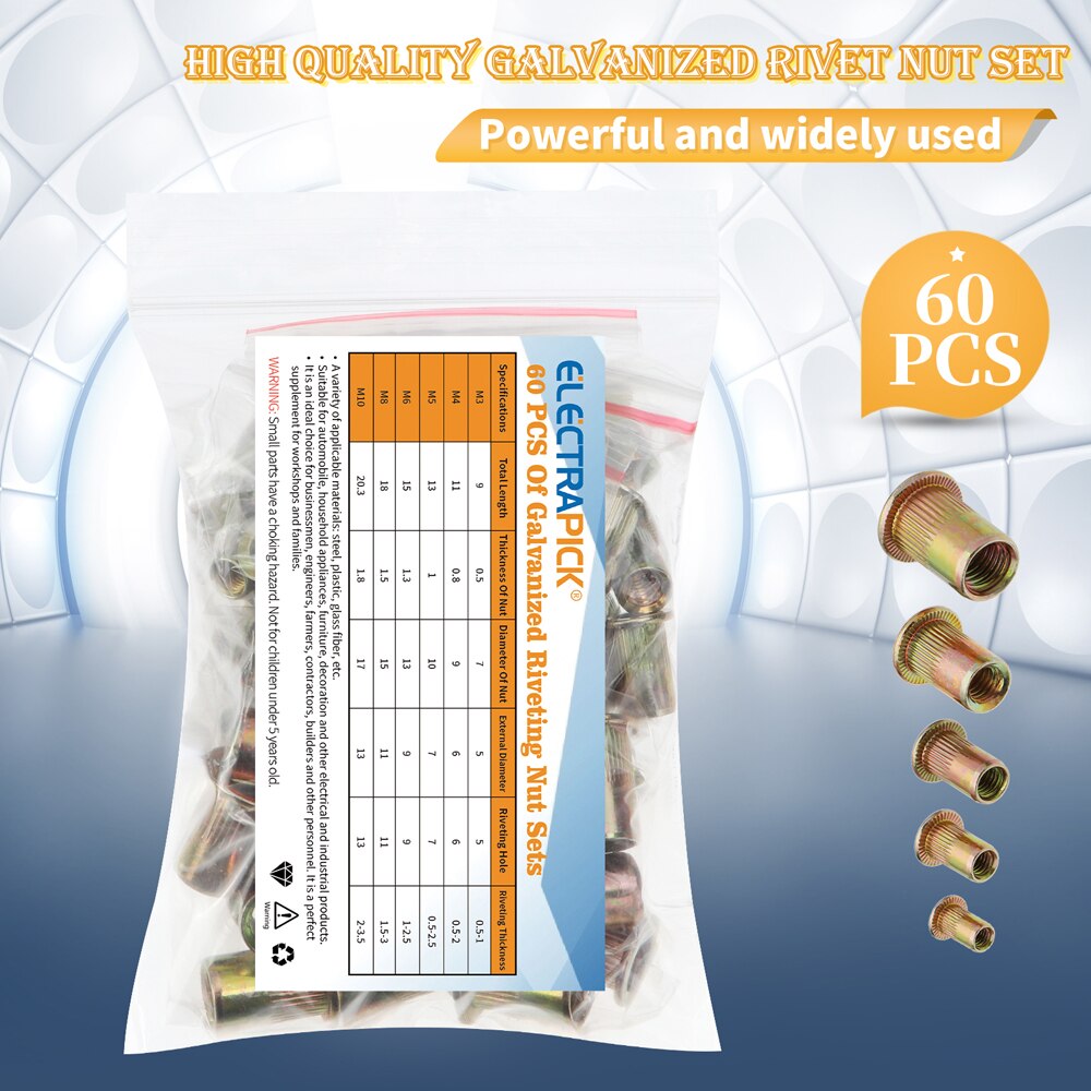 175pcs Zinc Plated Rivetnuts Blind Set Nutserts Threaded Insert Nutsert Cap Flat Head Rivet Nuts Carbon Steel M3 M4 M5 M6 M8 M10: 60pc M3-M10 with bag