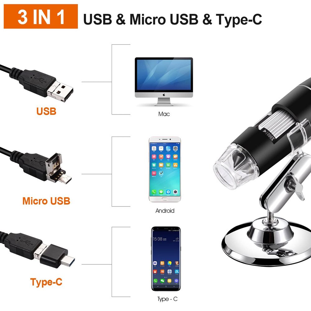 Microscopio Digital USB de 40X a 1000X, Bysameyee, cámara endoscópica con aumento de 8 LED, con Estuche de transporte y soporte de Metal
