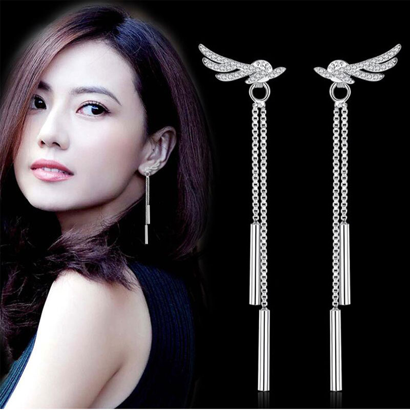 ANENJERY Silver Color Crystal Angel Wings Long Tassel Chian Earrings For Women brincos S-E223