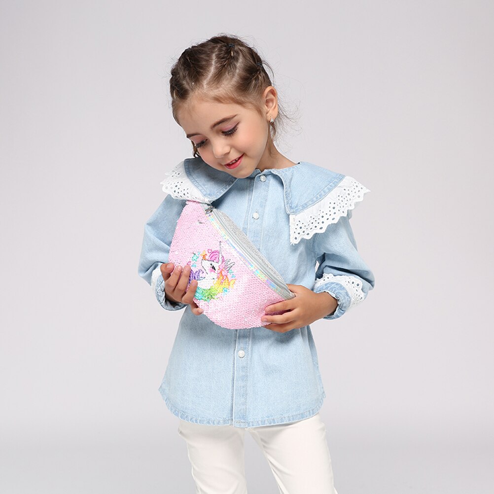 kreskówka jednorożec talia torba dla kobiet/dziewczyna nadruk z cekinami moda piterek dziecięcy pasek na ramię torby brokat telefon dla dzieci etui