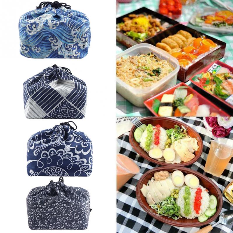 Japansk stil trykt kontor mad opbevaring skole varmeisoleret bento pose snøre klud bærbar køligere madpakke