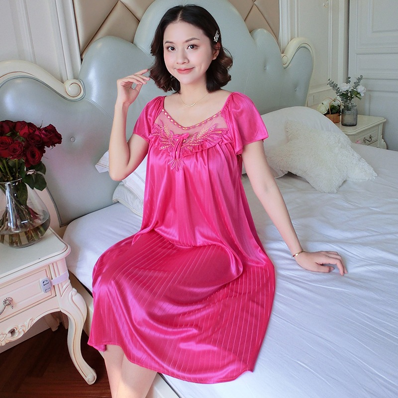 Damen Eis Seide Nachthemden Schlaf Kleid Mittel Länge Kurzarm Nachthemd sexy Nachtwäsche Hause Tragen Loungewear Schlafanzug Femme: M / Grün