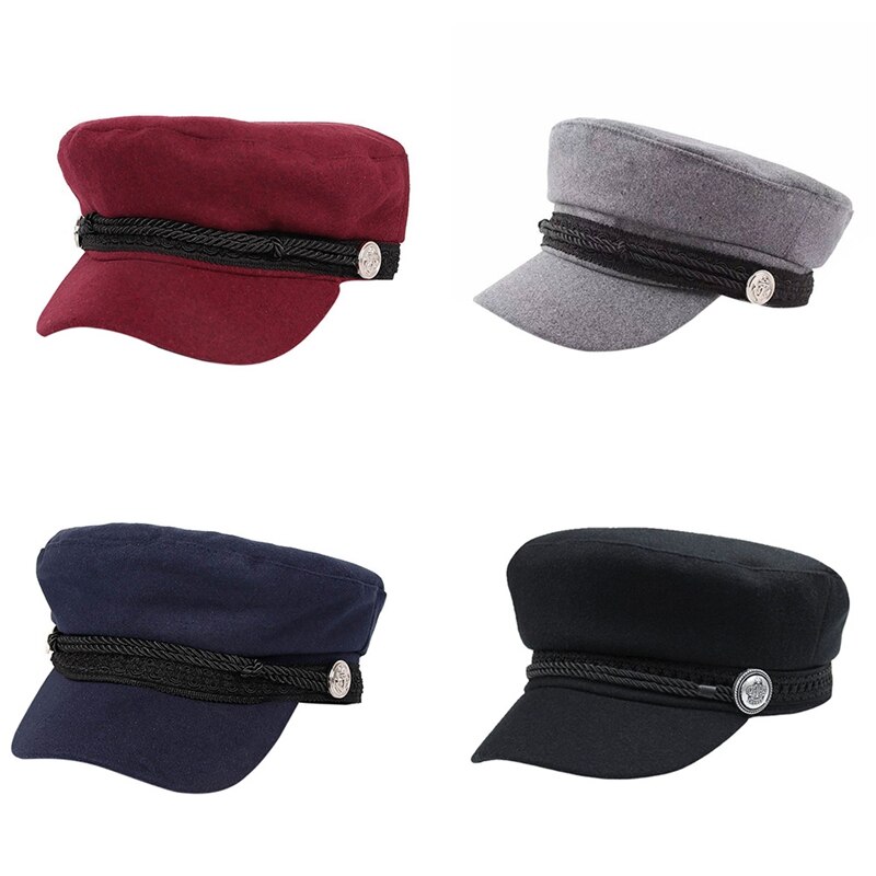 Casual Street wear cuerda gorra plana sombrero negro invierno gorro lana mujeres botón Cap