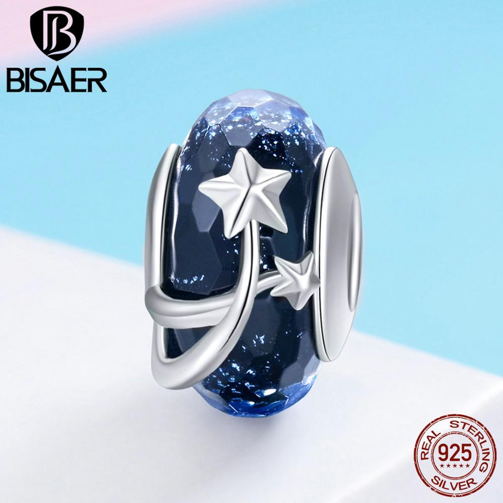 BISAER 925 Sterling Silver Glass Beads Snowflakes Mermaid Star European Beads Charms fit for Charm Bracelets Silver 925 Jewelry