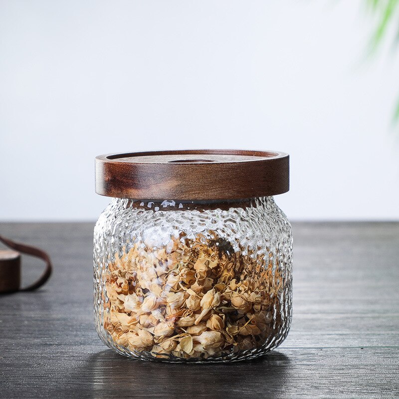 Frascos de vidrio para dulces con tapa de madera, tarro de almacenamiento de cocina, botella para especias, contenedores de vidrio para alimentos, granos de café, té, latas de vidrio
