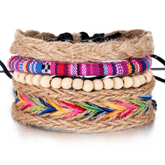 ALIUTOM 4PCS/Set Colorful Beaded Multilayer Handmade Hemp Rope Woven Bracelets Hippy Boho Embroidery Cotton Friendship Bracelets: Default Title