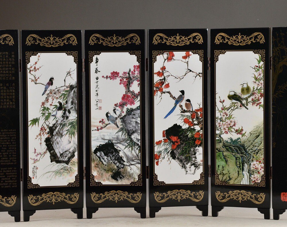 ( Mini ) Exquisite Chinese Handwork Lacquer Painting Bird Flower Folding Screen