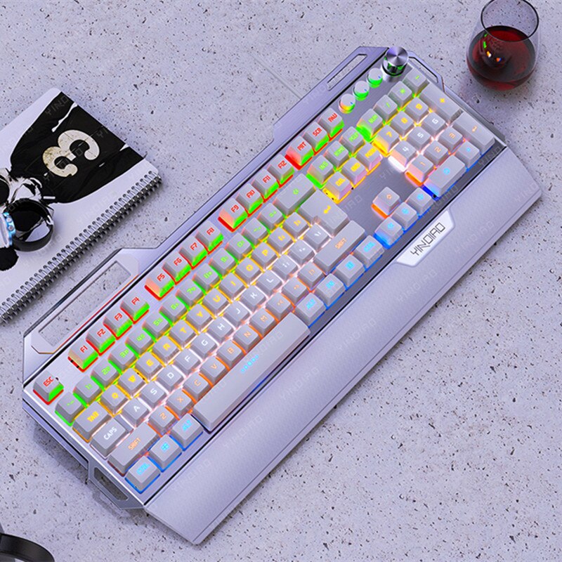 K100 Metal Real Mechanical Keyboard Gaming with Wrist Rest Knob Blue Axis USB Wired Backlit Running Lamp Keyboard for Gamer PC