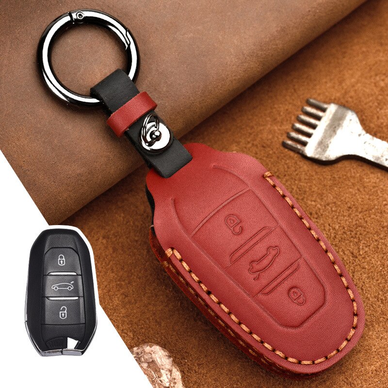 Leren Autosleutel Hoesje voor Peugeot 308 408 508 3008 4008 5008 Citroen C4 C4L C6 C3-XR: Rood 02