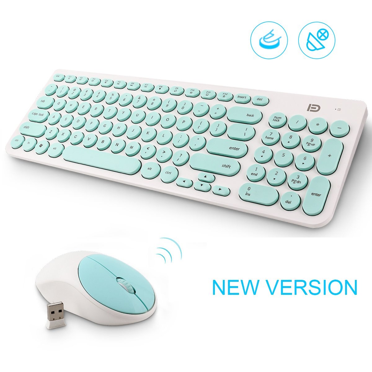 Wireless Keyboard and Mouse Combo, FD iK6630 2.4GHz Cordless Cute Round Key Smart Power-Saving Whisper-Quiet Slim Combo for PC