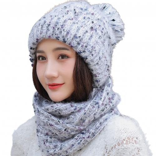 Korean-Style Women Autumn Winter Skullies Beanies Girls Soft Warm Woolen Knitted Circle Loop Scarf Cap Ladies ourdoor sports Hat: Light Grey