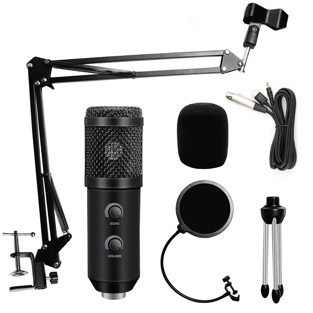 bm 800 Condenser Microphone for PC Computer Streams Recording USB Microphone karaoke studio microfono with stand , pop filter: Black Kits 2