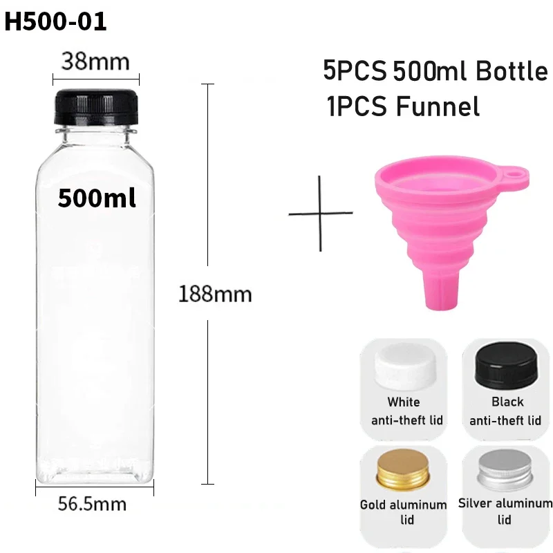 5 uds 60-500ML botellas de plástico transparentes vacías con tapas con embudo plegable contenedores de botellas de agua reutilizables para batidos de jugo DIY: Chocolate / 6 ml