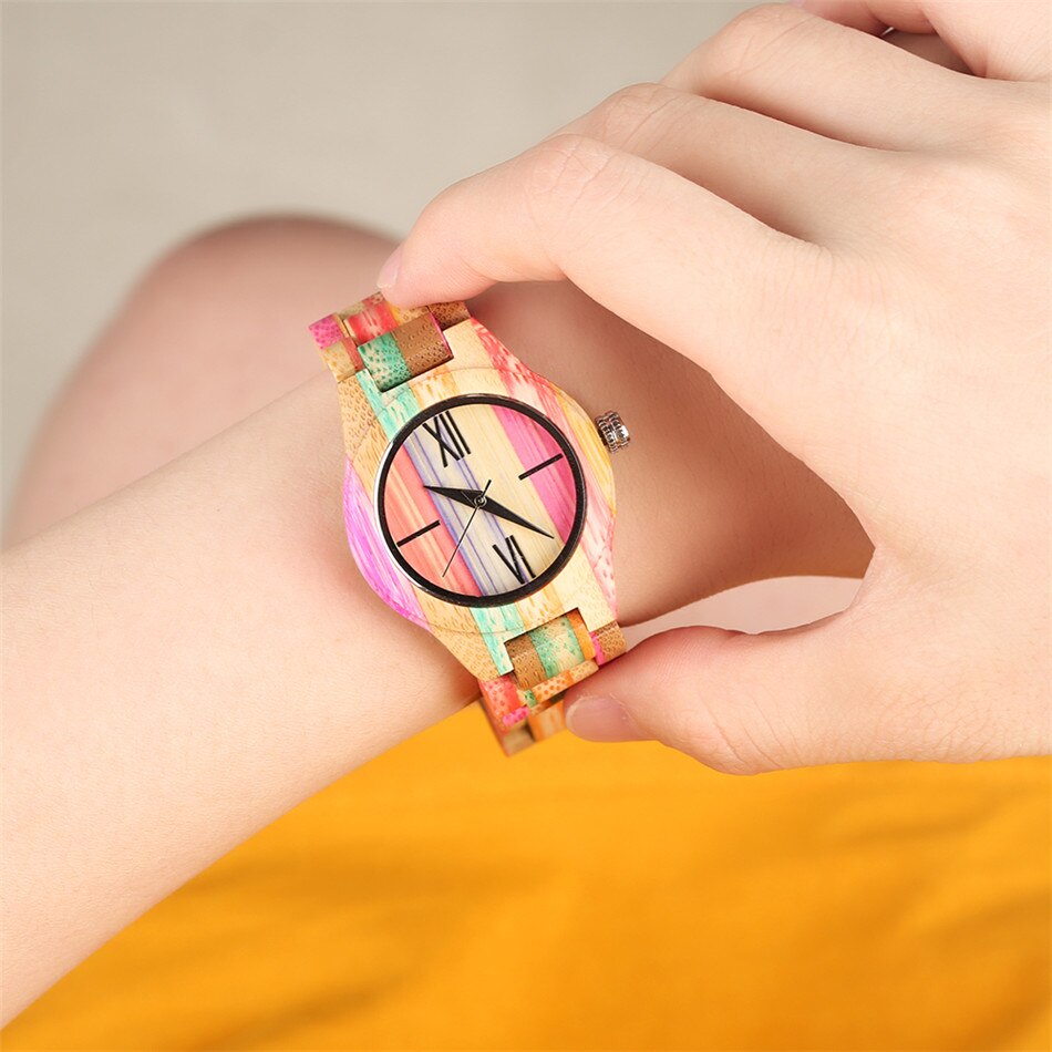 Reloj de madera de bambú multicolor para mujer, cuarzo, pulsera de madera completa para mujer, cierre plegable, reloj de madera para mujer