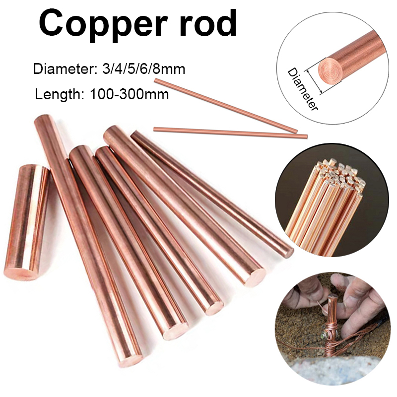 1 Uds varilla de cobre de varios tamaños, barra redonda de cobre de metal rojo de diámetro procesamiento de metal 3/4/5/6/8mm, longitud 100/150/200/250/300mm