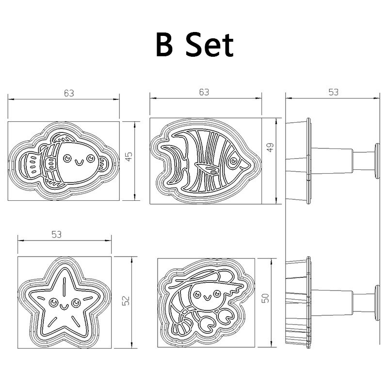 Molde para galletas de la serie de animales marinos, platillo de medusas del océano, cortador de galletas de émbolo DIY, juego de hornear, molde para glaseado de pasteles Fondant, 4 piezas: B Set