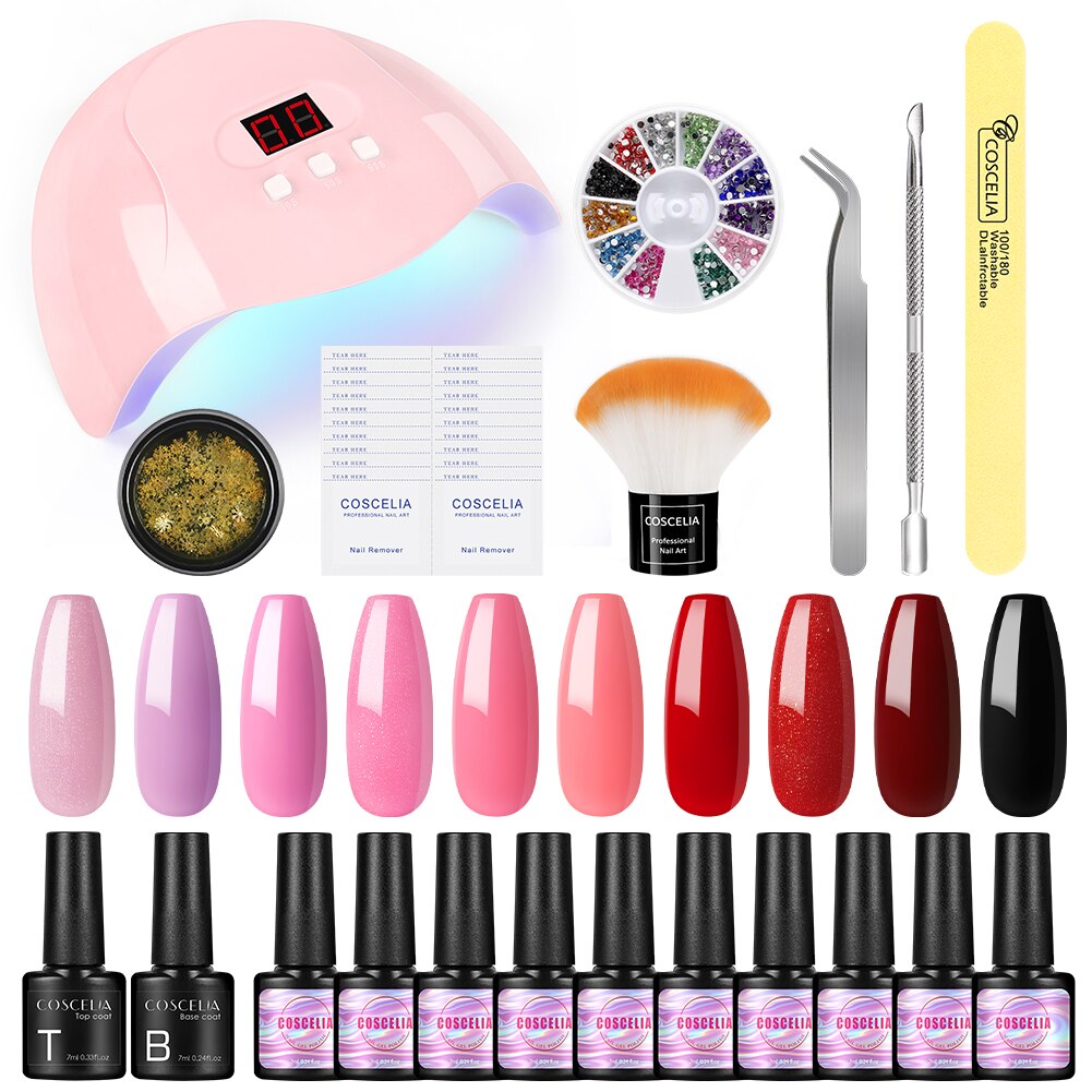 Coscelia neglesæt gel neglelak sæt med 36w uv led lampe 10/20 farver soak off manicure værktøj sæt negle kunst dekorationer: 7ml sæt c