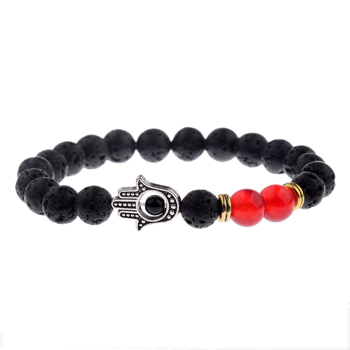 Charm Mode Geluk Armband 8Mm Lava Vulkanische Steen Fatima Palm Evil Eye Zeven Chakra Elastisch Touw Yoga Armband: Red