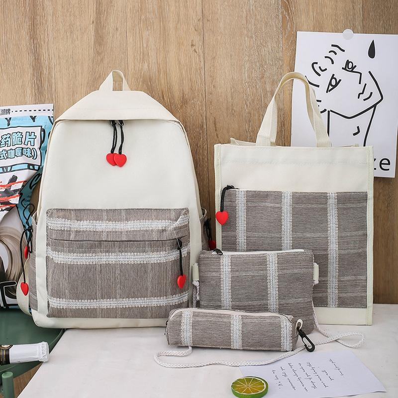 4 pièces ensemble de sacs d'école corée sac à dos pour adolescent filles toile femmes sac à dos pour ordinateur portable étudiant livre sac Mochila Escolar cartable: White