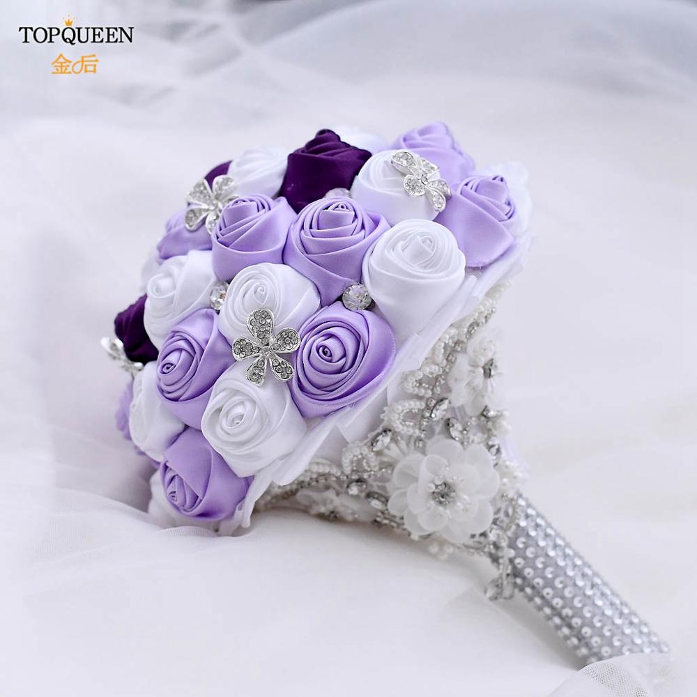 TOPQUEEN Artificial Flower Rose buque casamento Bridal Bouquet for Wedding Lavender White Gorgeous Crystal Wedding Bouquet F7