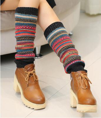 Antikke farve striber kvinder strikkede sokker lange scaldamuscoli gamacher støvler kvinder vinter varmere boho varme: 1