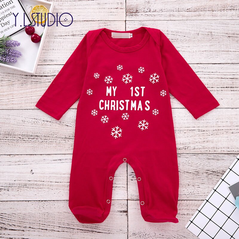 Baby Foot Romper Autumn Little Girl Cotton Christmas Costume Red Long Print Jumpsuit Year Costume for Toddlers Boy Overalls