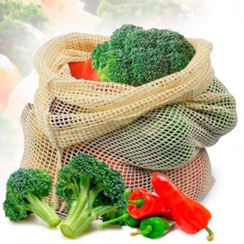 Populaire katoenen fruit- en groente-opbergzak met trekkoord, herbruikbare keukennetzak, wasbaar