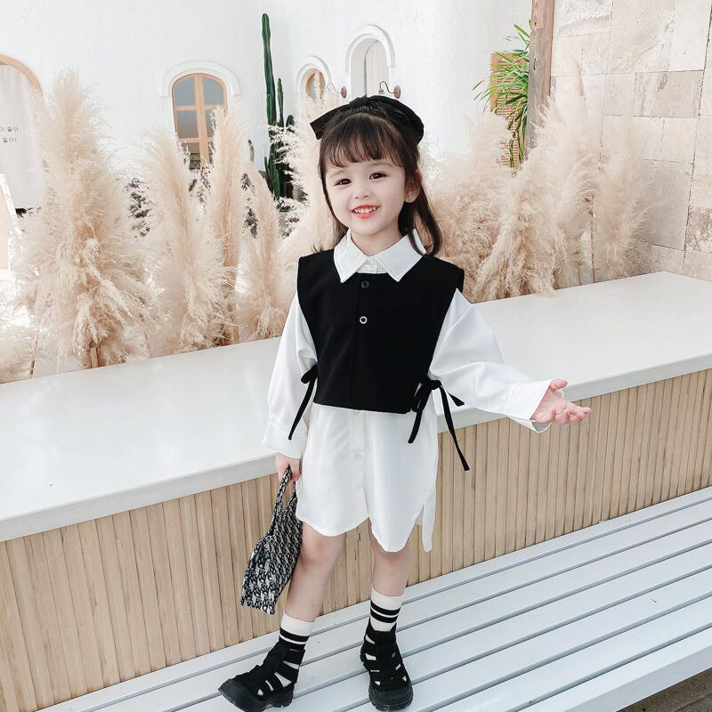 Ensemble chemisier blanc + gilet noir pour filles, vêtements de printemps et d&#39;automne, en coton, manches longues, Style collégien, laçage latéral, chemises pour filles