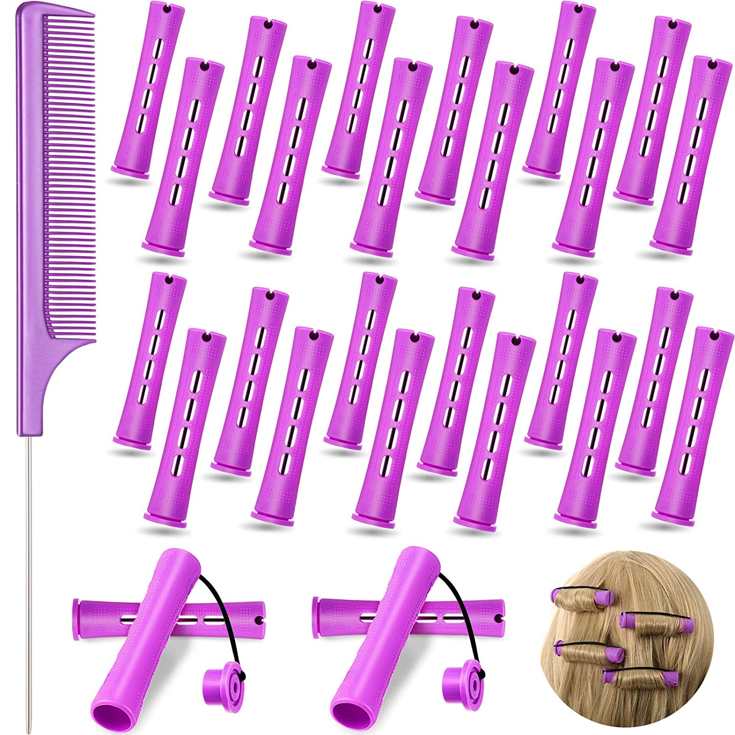Perm Rods and 24 Pieces Hair Rollers with Hair Cold Wave Rods Hair Curler for Women Long Short Hair（purple）