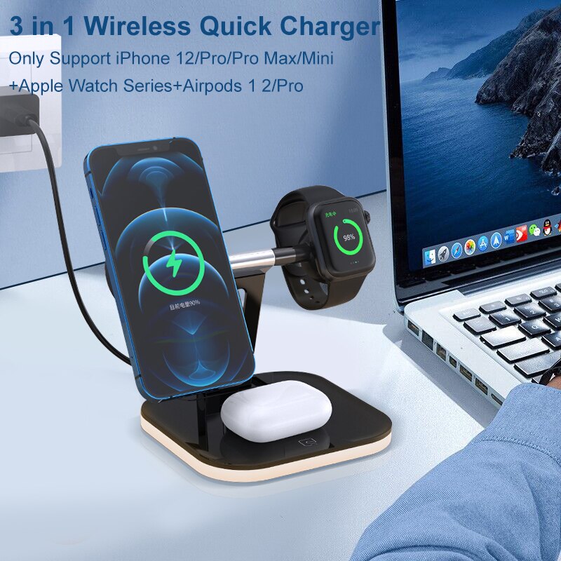 3in1 Foldable Magnetic Wireless Charger For Magsafe iPhone 12 Pro Max Mini/Airpods Pro 15W Fast Charging Station For Apple Watch