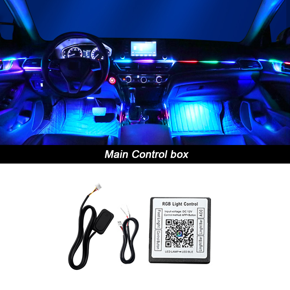 Luz ambiental para coche 18 en 1, tiras acrílicas de 64 colores, 110cm, 90cm, 75cm, 35cm, 20cm, colores completos, RGB, Interior del coche, Control por aplicación Bluetooth: changeable