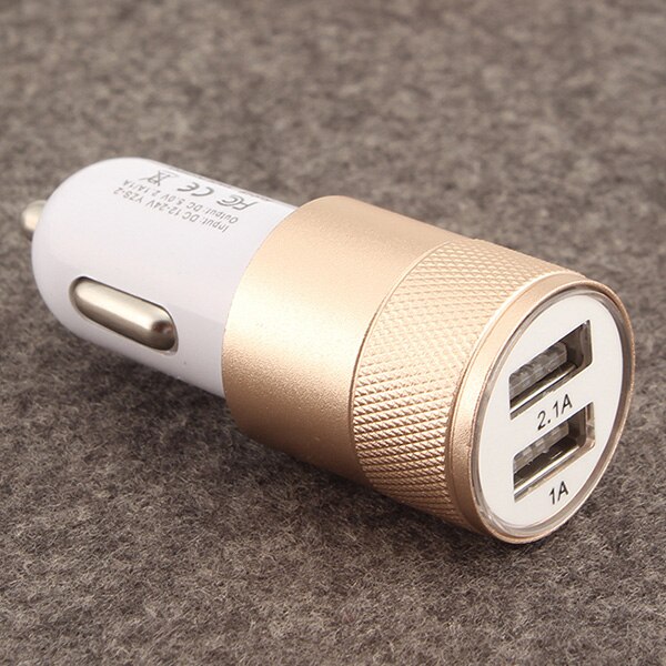 Cargador de coche USB doble, cargador plano de Metal para teléfono móvil, carga Universal de 2,1 V, cargador de coche de cañón de acero pequeño: gold