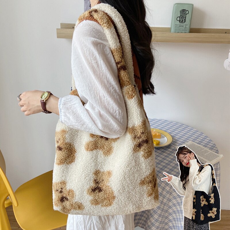 TrendyGal Ins Style Lait Double Face en Coton Sacs À Bandoulière avec Ours Imprimés Printemps Femmes Décontracté Fourre-Tout À Carreaux Style Sacs À Main